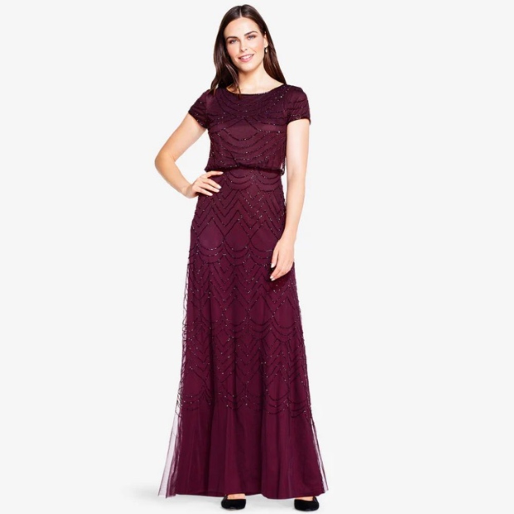Adrianna Papell SHORT SLEEVE BEADED BLOUSON GOWN IN CASSIS size 16